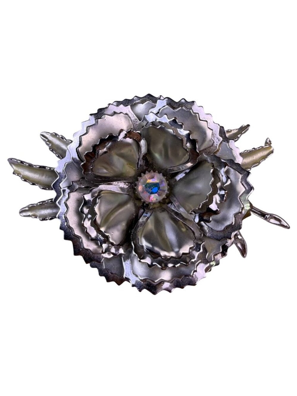 Large Vintage Flower Brooch Silver Tone Women’s Metal Crystal 1950s Design
